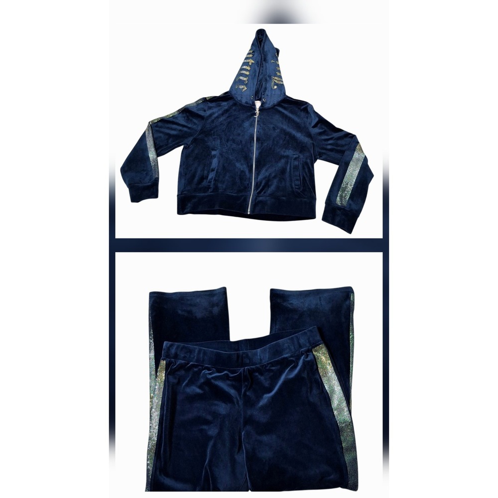 Juicy Couture 25th Anniversary Velour Tracksuit Navy Blue Rhinestone Set L *READ